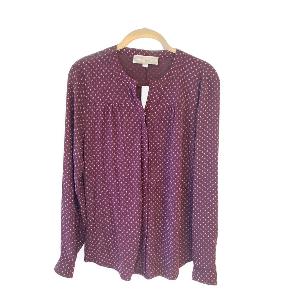 NWT Loft Blouse Long Sleeve Mixed Media Plum Leaf Pattern MP